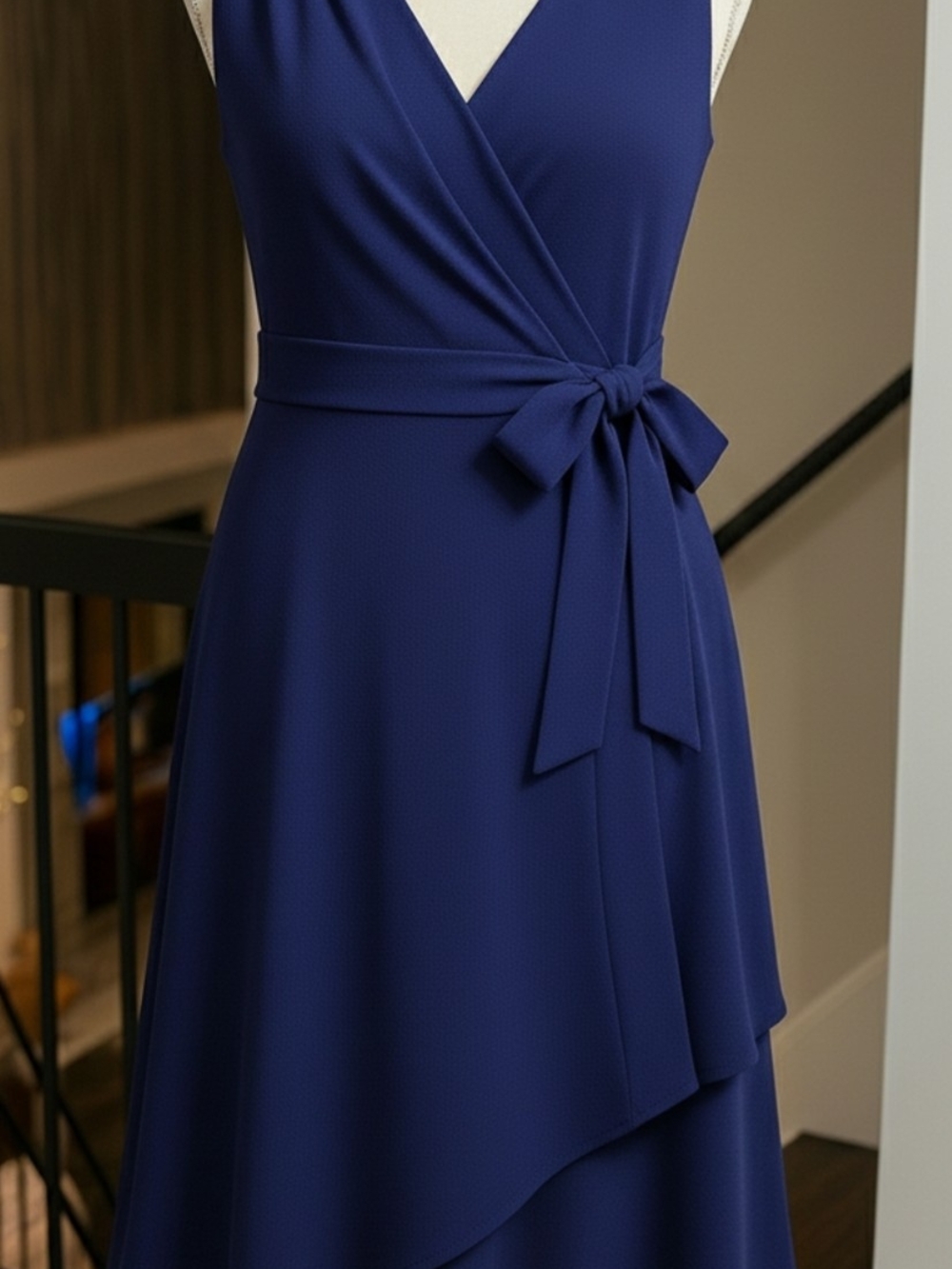 DKNY Wrap Midi Dress with Waist Tie - Navy